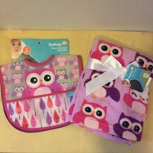 Safety 1st Pink & Purple Owl Baby Blanket & 2 Bibs